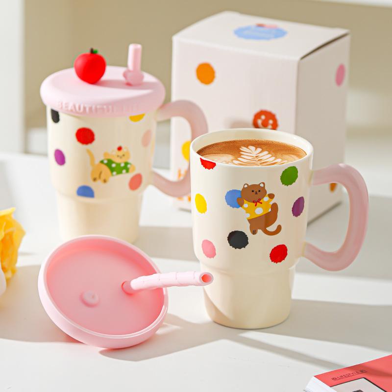 Apple Sippy Cup for Girls Birthday Girl Heart Cat Sippy Cup Cute Ceramic Mug Souvenir Gift Box