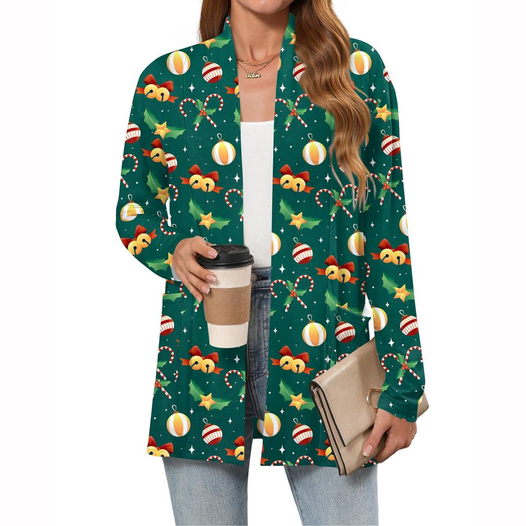 Women's Christmas Printed Lightweight Cardigan Long Sleeved Casual Loose Thin Fit With Pockets Cardigan Jacket