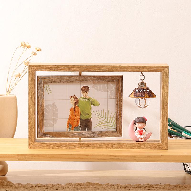 6-Inch Modern Double-Sided Rotating Wooden Photo Frame & Album with Wood Carving Ornament