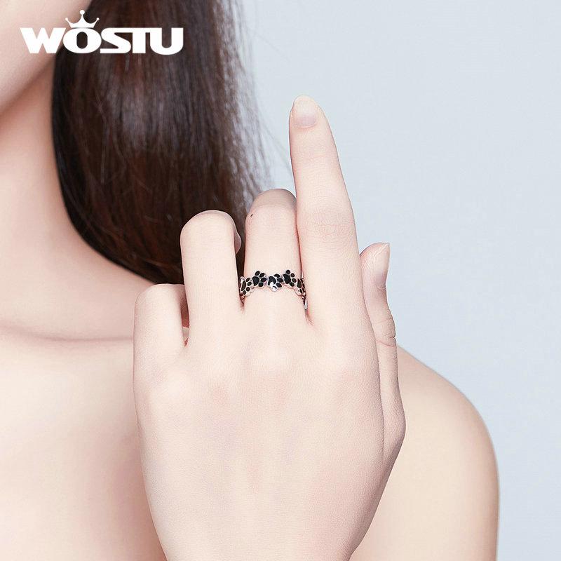 WOSTU Authentic 925 Sterling Silver Footprint Paw Dog Ring For Women Adjustable Open Balck Rings Party Fashion Jewelry CQR603