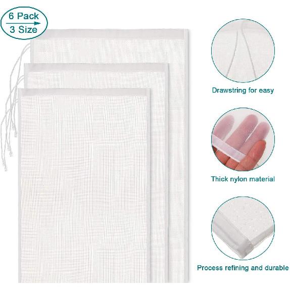 Boao 6 Pack Nut Milk Bags - Reble Food Strainer Bags with Fine Mesh Nylon Drawstring, 3 Sizes