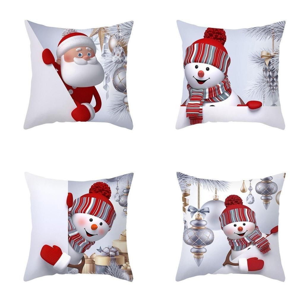 Delightful 18" Christmas Cushion Cover With Santa Claus And Snowman For Festive Sofa Decor
