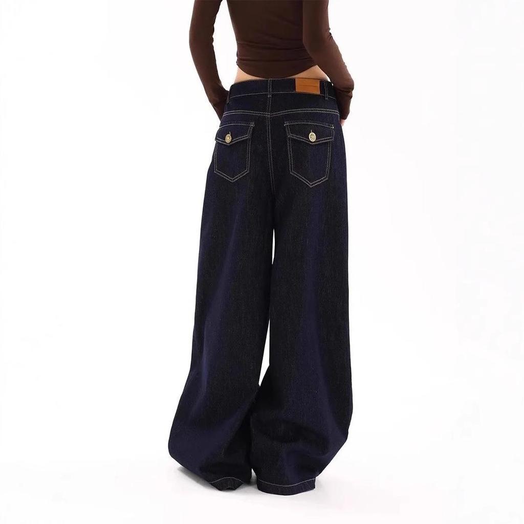 2025 Deep Blue High-Waisted Wide-Leg Denim Pants - Trendy, Slimming, Loose Fit, Ideal for Early Spring