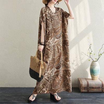 Simple Fashion V-neck Long Dress Cotton Silk Print Summer Fat Plus Short-sleeved Crew-neck Dress