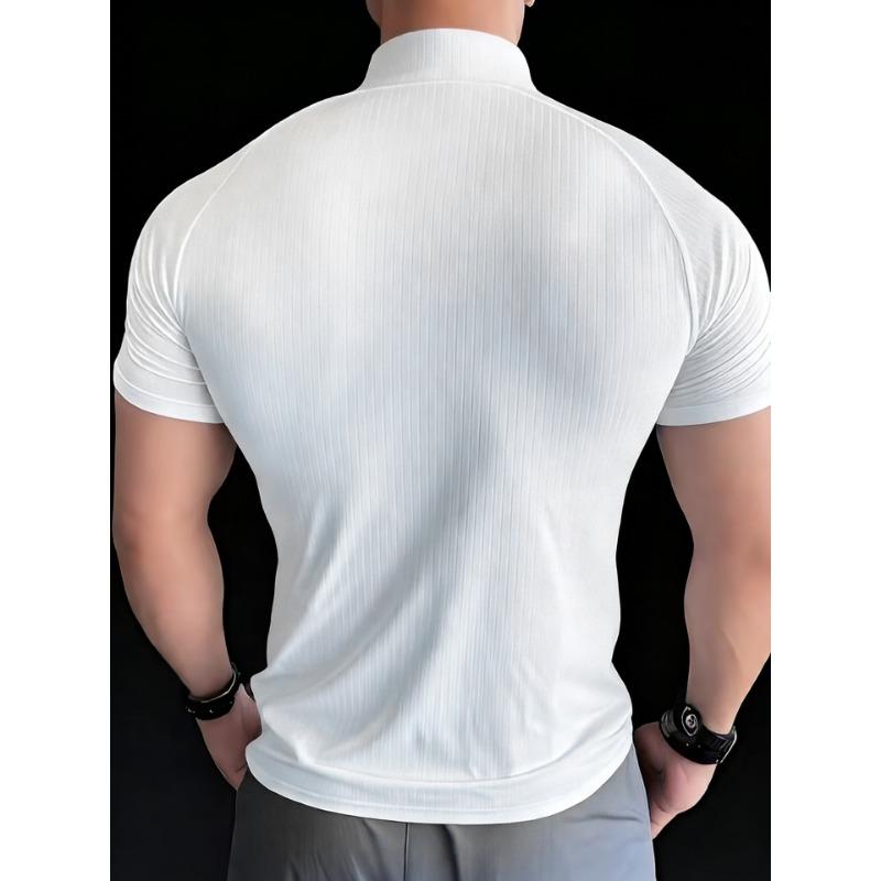 Men European Size Slim Fit Summer Half Zip Short Sleeve Ribbed Polo Shirt