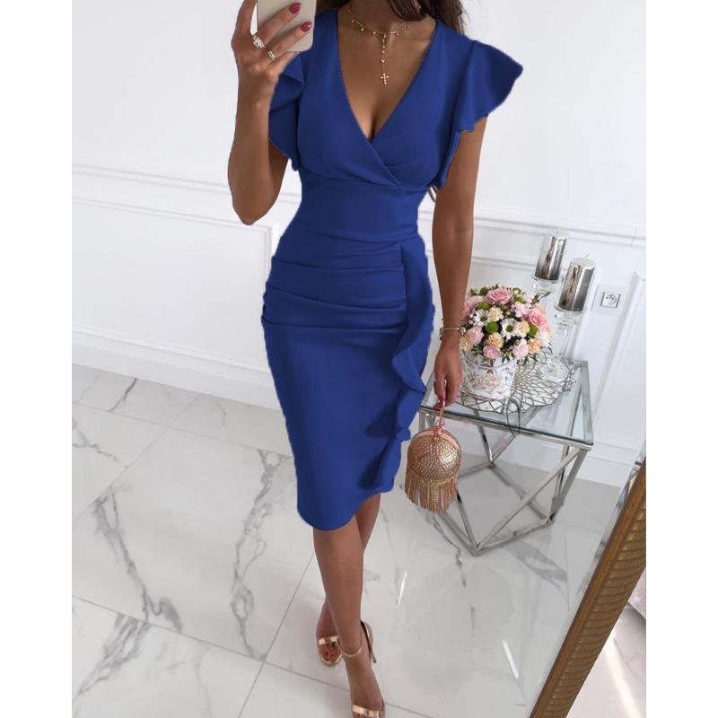 Damen Elegantes V-Ausschnitt Raffung Rüschen Hohe Taille Bodycon Midi Partykleid