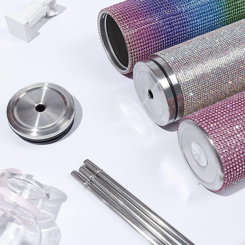 Stick-on Crystals Thermal Bottle with Straw Coffee Cup Durable Vacuum Cup  Winter