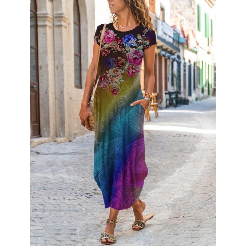 Vestito da donna con scollo rotondo, tasca, maniche corte, stampa trendy