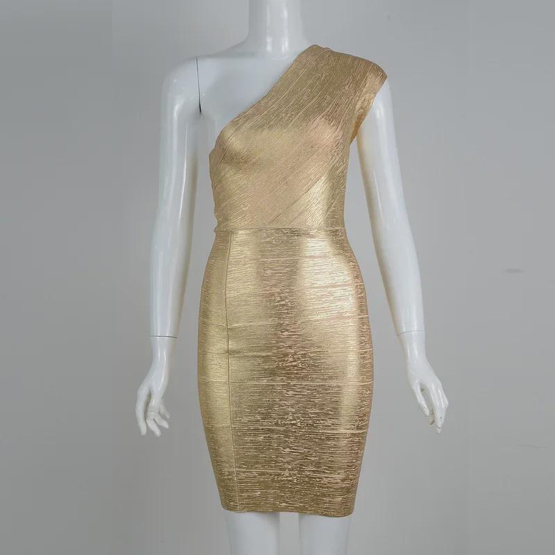 Gold-Stamped Silver Oblique Shoulder Bandage Evening Dress