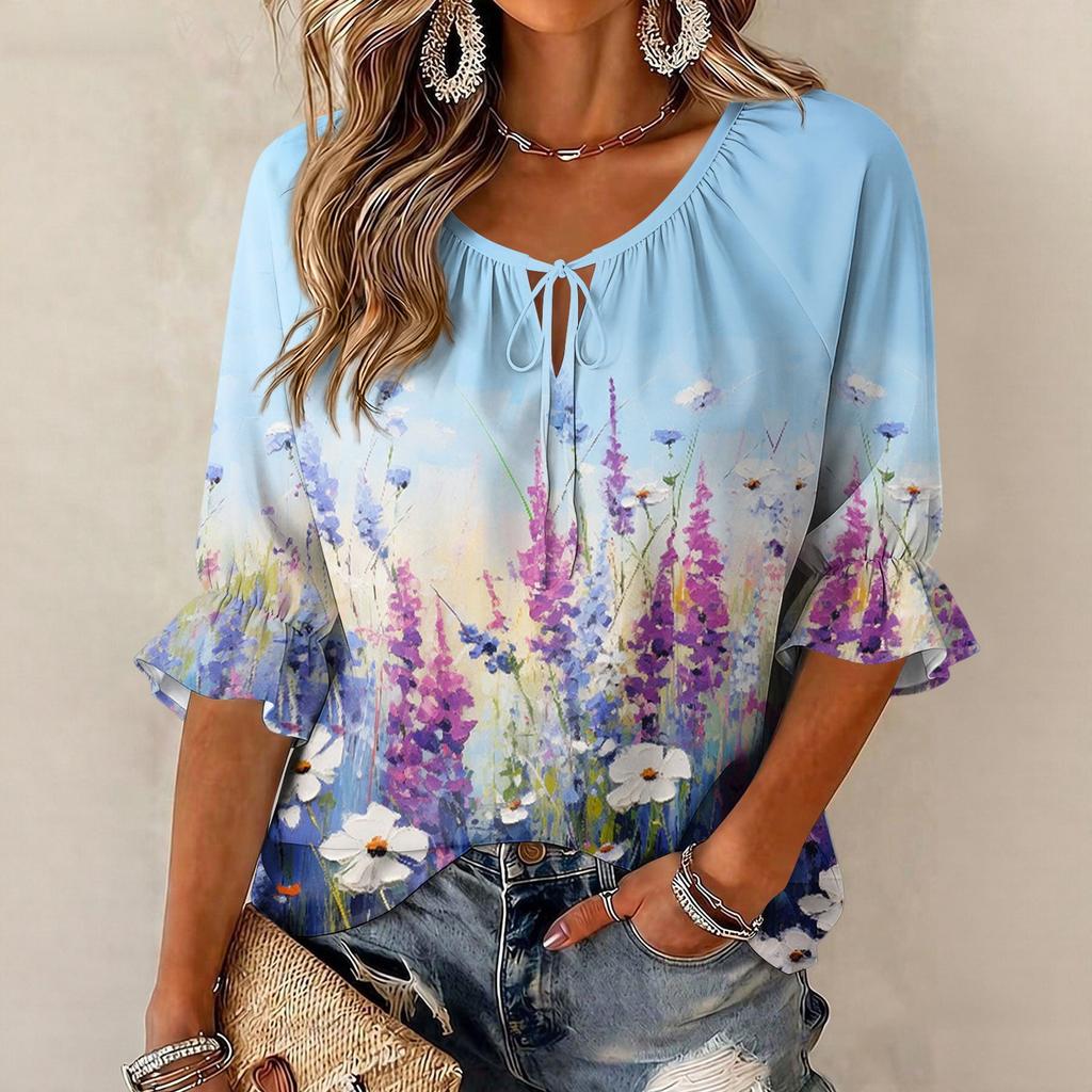 Women's Vintage Floral Print Blouse with Tie Neck and Ruffle Three-Quarter Sleeves
