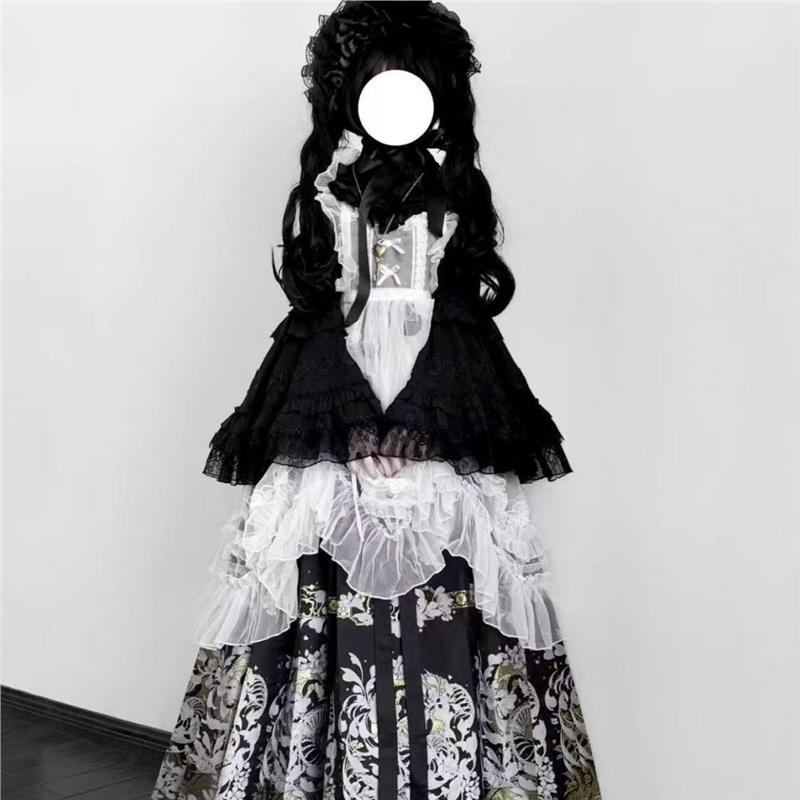 

Gothic Lolita Style Ming Dynasty Hanfu Set, Improved Cross-Collar Pipa Sleeve Top & Horse Face Skirt M різнокольоровий