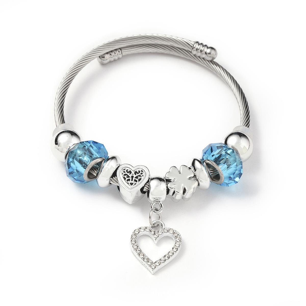 Colorful Crystal Beaded Bracelet with Heart Pendant - European and American Style