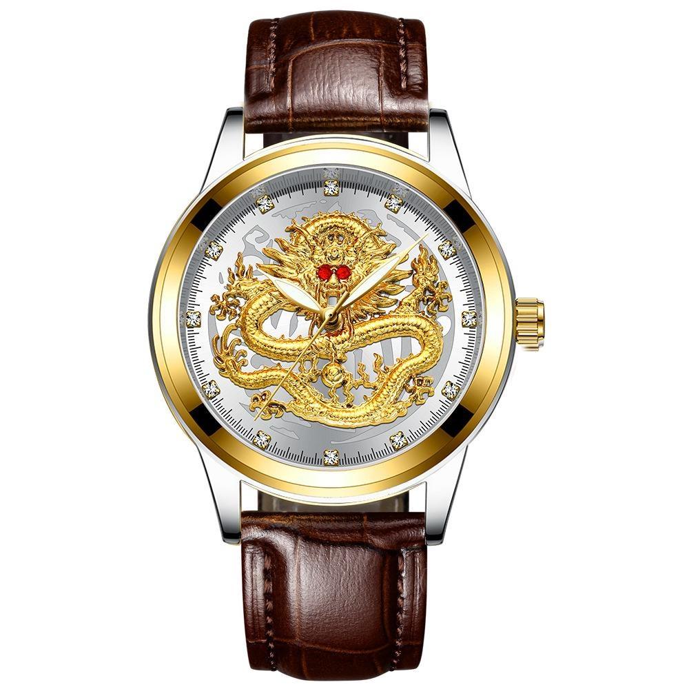 FNGEEN Men's Watch Light Luxury Relief Golden Dragon Watch Waterproof Diamond Inlaid Ruby Mens Quartz Watch