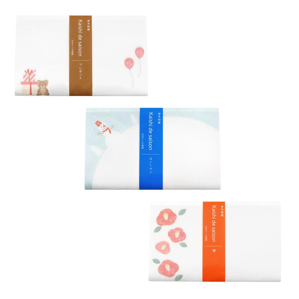 Kamiiso Sansho Kaishi de saison Kaishi Set 62, 3-Piece Set (Gift, Snowman, and Camellia Designs), Approx. 17.5 x 14.5 cm, 20 Sheets x 3 Packs,