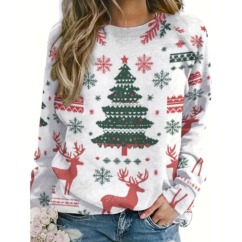 Womens Round Neck Pullover Sweatshirt With 3D Christmas Tree Print Casual Comfort Fit 2025