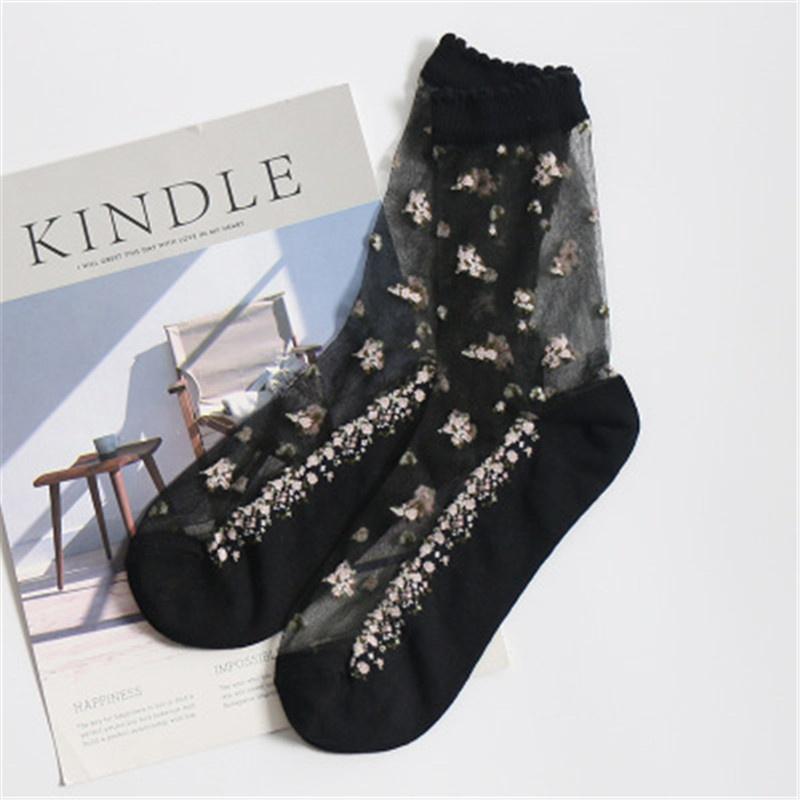 1 Pair Summer Women Transparent Lace Silk Crystal Rose Flower Breathable Ultra Thin Elastic Socks
