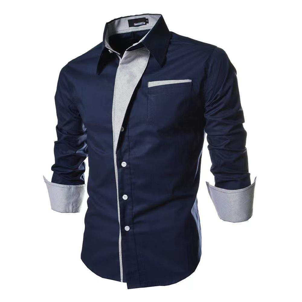 Men Slim Fit Long Sleeve Button Down Dress Shirt Contrast Detail Pocket Formal Business Wedding Shirt