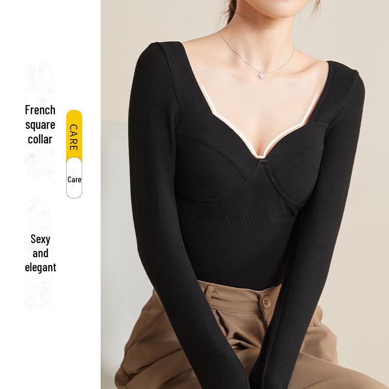 

Women s Sexy German Velvet Thermal Seagull Collar Top with Chest Pad - Autumn/Winter Layered Shirt M хаки