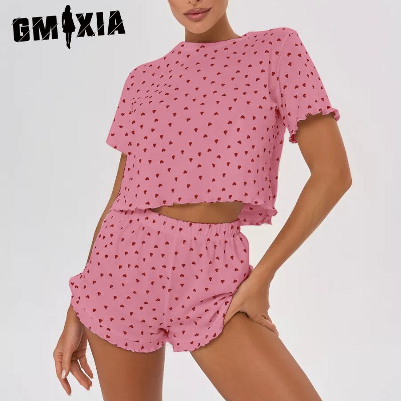 

GMXIA Homewear Women s Printed Casual Wearable Short Sleeve Shorts Two Piece Pajamas Set XL розовый
