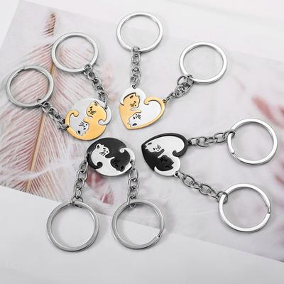 Keychain Heart Matching Cat Design Titanium Steel Keychain Pendant Bright Color Key Holder Bags Cars Wallets Accessories