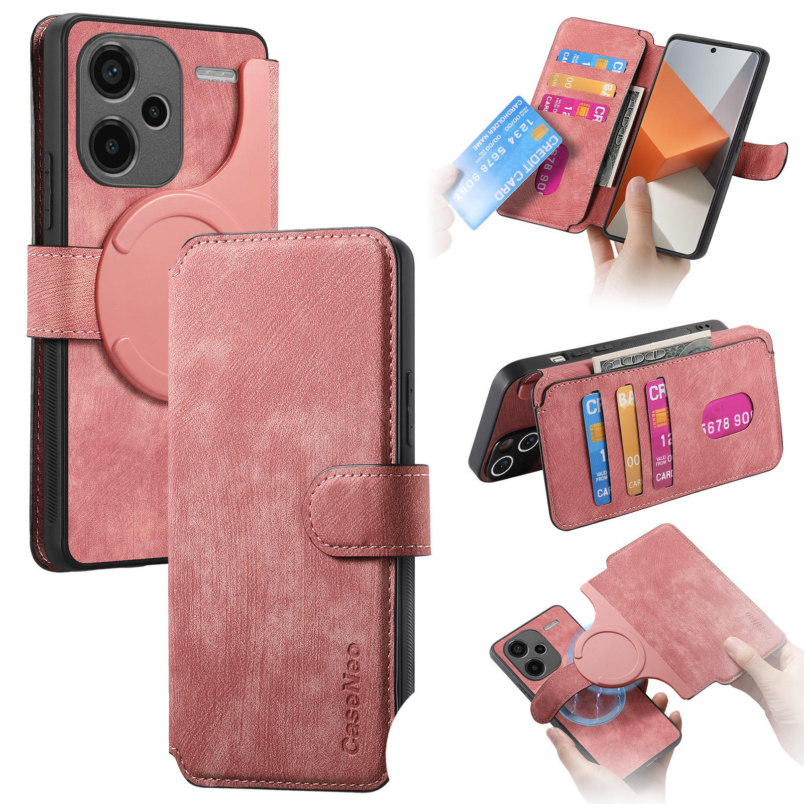 

for Magsafe Flip Leather Cover For Xiaomi Redmi Note 13 Pro 4G 5G 12Pro Turbo 3 Removable Magnetic Wallet Card Holder Phone Case Redmi Note 12ProPlus рожевий