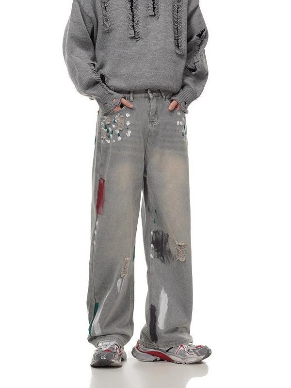 American Ink Splashing Ripped Jeans Men's and Women's High Street Wide Legs Vibe Retro Old Design Sense Ruffian Handsome Trousers