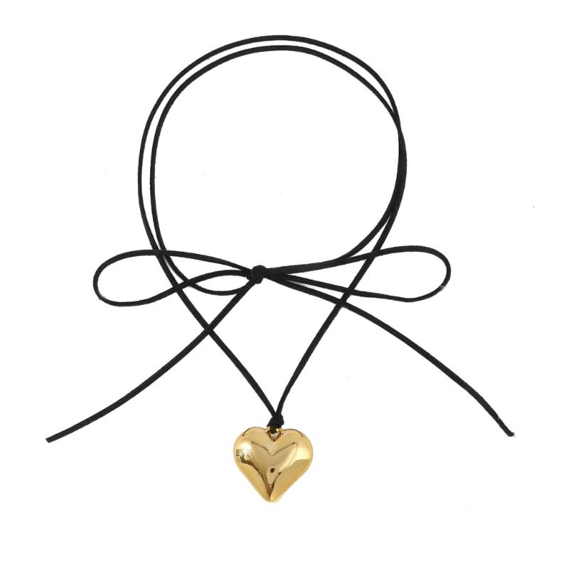 Chunky-Heart Choker Necklace Big Heart Pendant Tie-up Choker Necklace Adjustable Chain for Women Teen Girls Y2K Jewelry