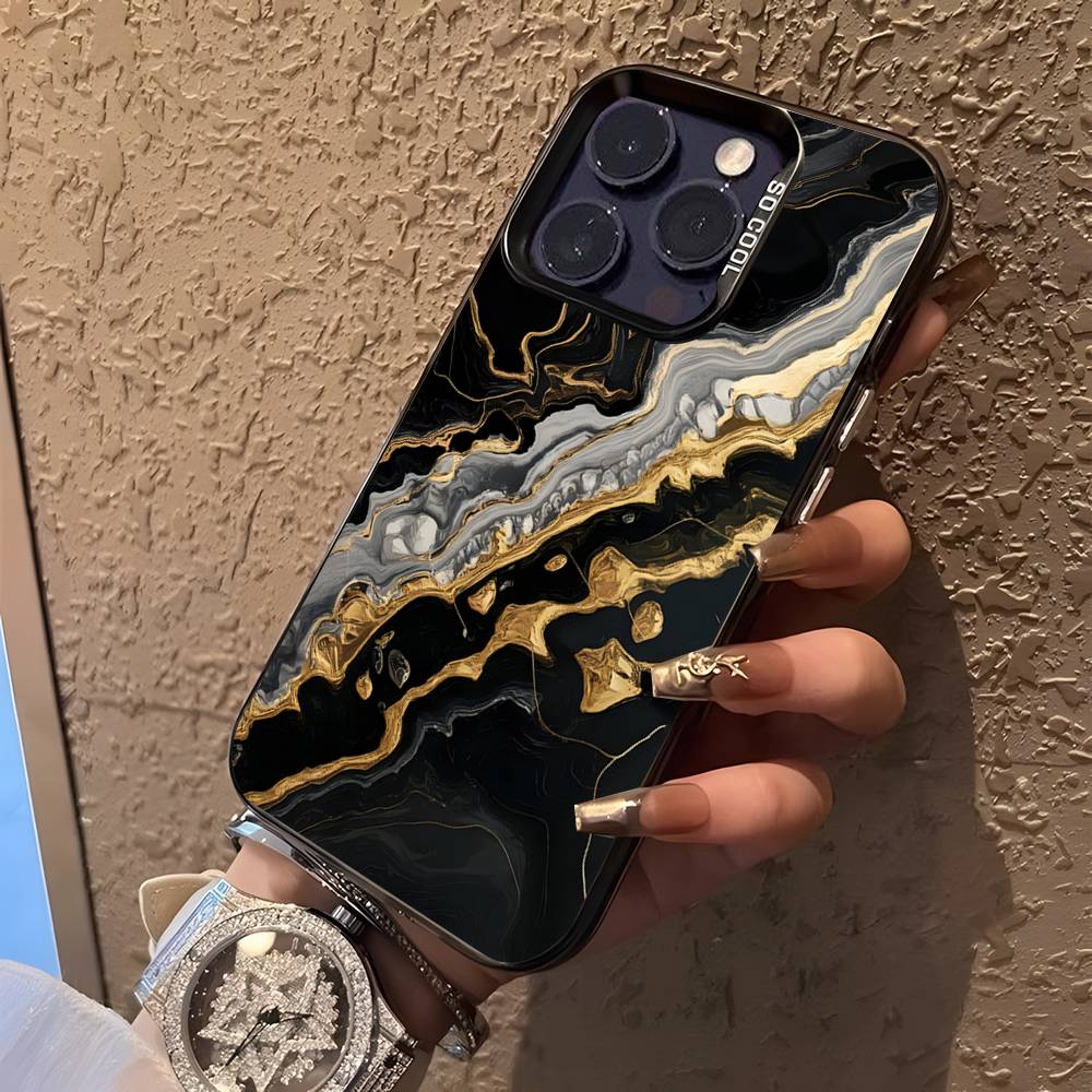 B-Black Gold Marble Art Phone Case For iPhone 17,16,15,14,13,12,11,Pro,XS,Max,Plus,Mini,SE Black Candy Matte Shockproof Cover