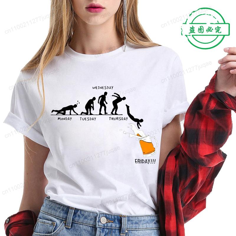 

Women T Shirt Monday To Friday Drink Beer Funny Sports Fashion Casual T-shirt Skeleton FRIDAY Beer Graphic Tshirts Women Clothes S
