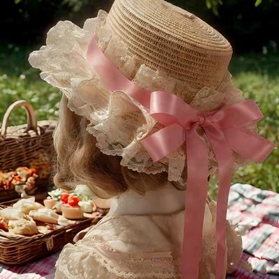 Lace Brims Bowknot Bonnet Hat For Cocktail Party Cosplay Costume Straw Sun Hat for Vacation Picnic Adjustable Sun Hat