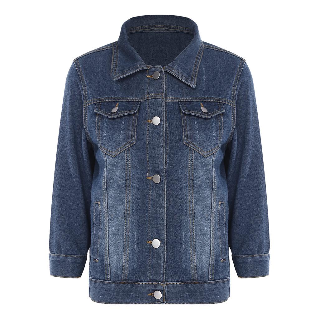 Womens 3/4 Sleeve Denim Jacket Casual Turn Down Collar Button Jean Jackets Coat with Pockets