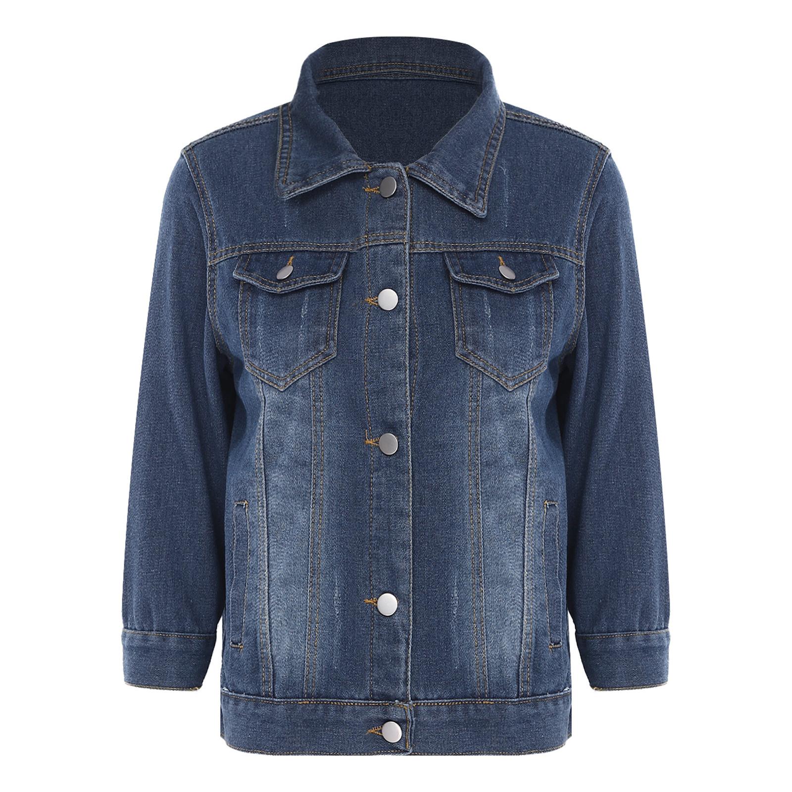 

Женская повседневная джинсовая куртка из потертого денима с рукавом 3/4, отложным воротником в винтажном стиле для повседневной носки 3XL темно-синий