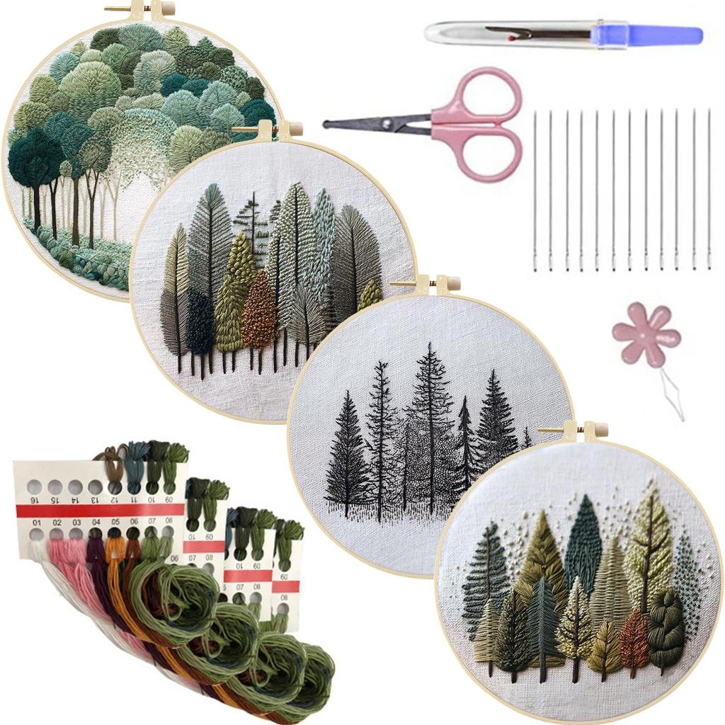 4 Pack Embroidery Starter Kit with Embroidery Hoop Needles Threads Instruction Stamped Cross Stitch Kits with Pattern for Adults