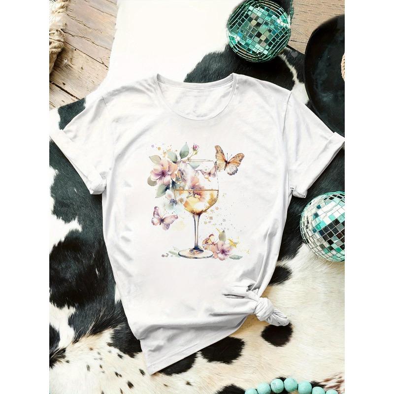 European Size Women's Wine & Butterfly Floral Print T-Shirt - Short Sleeve Crew Neck Blouse, Summer Spring Casual Top with Wine Theme Aesthetic