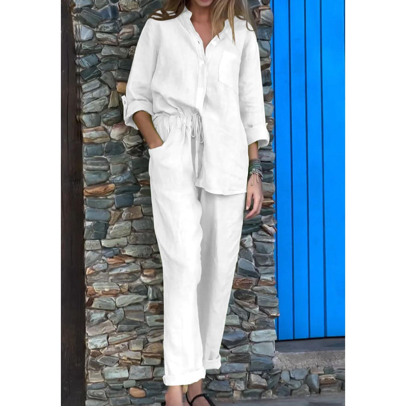 

Комплекты из двух предметов для женщин, весна-осень, повседневные, простые, с длинным рукавом, с карманами, комплекты из двух предметов, модные, свободные, офисные рубашки, костюмы, наряды L белый