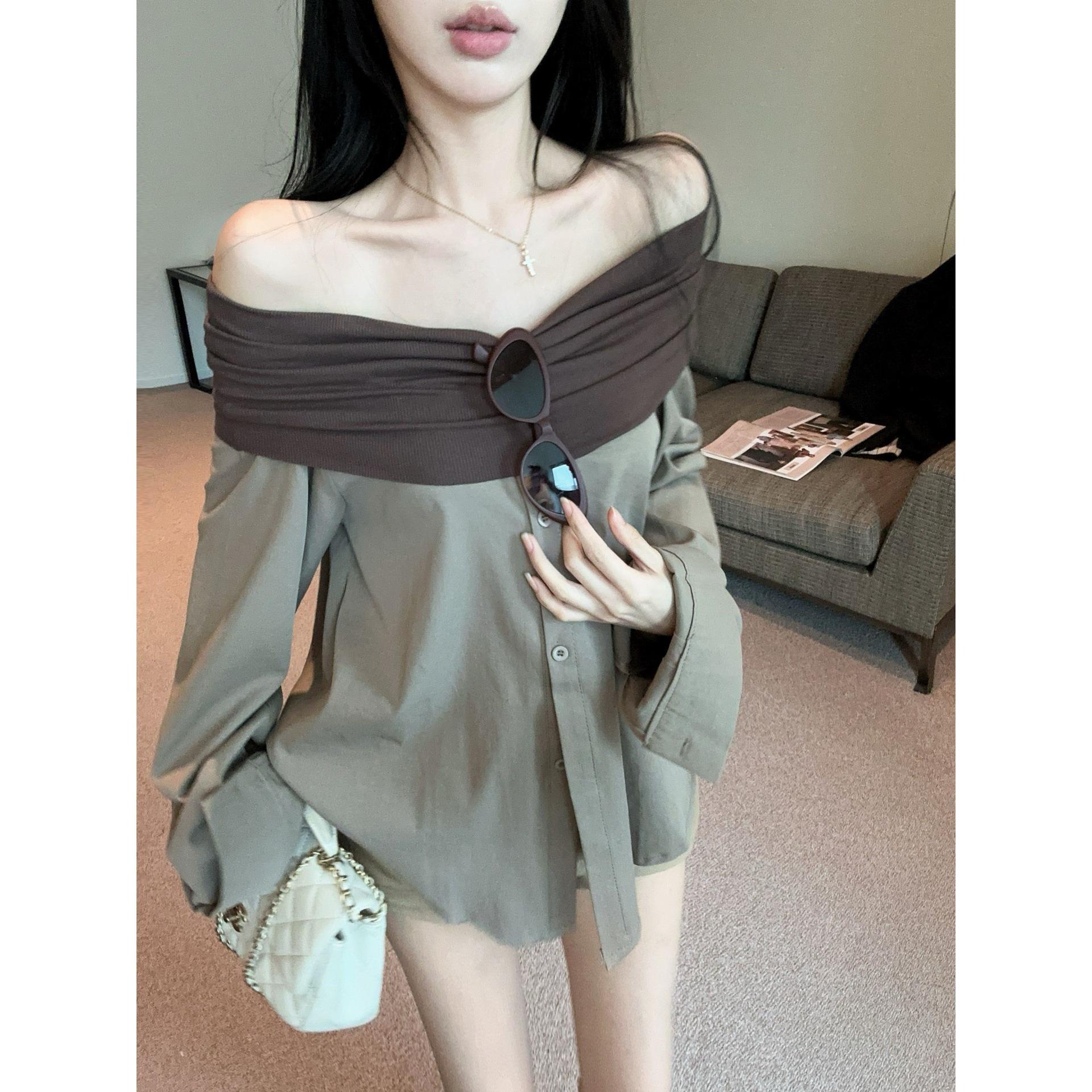 

Irregular Two-Piece Color Block One-Shoulder Long-Sleeve Shirt for Women - Autumn Collection Medium зелёный