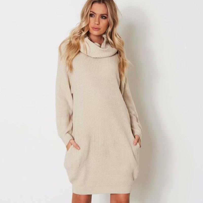 Womens Loose Fit Sweater Turn-down Collar Long Sleeve Mid-length Lazy Style Solid Color Casual Top