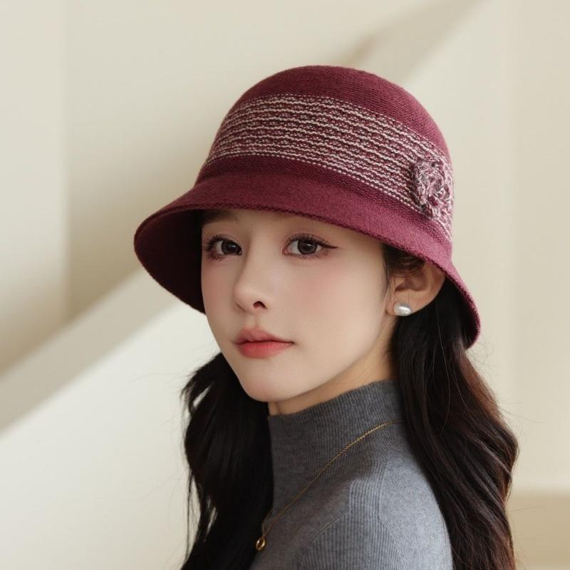 

Новая осенне-зимняя элегантная шляпа-клош с цветком, вязаная шляпа-ведро, складная теплая шляпа-ведро M（56-58cm）