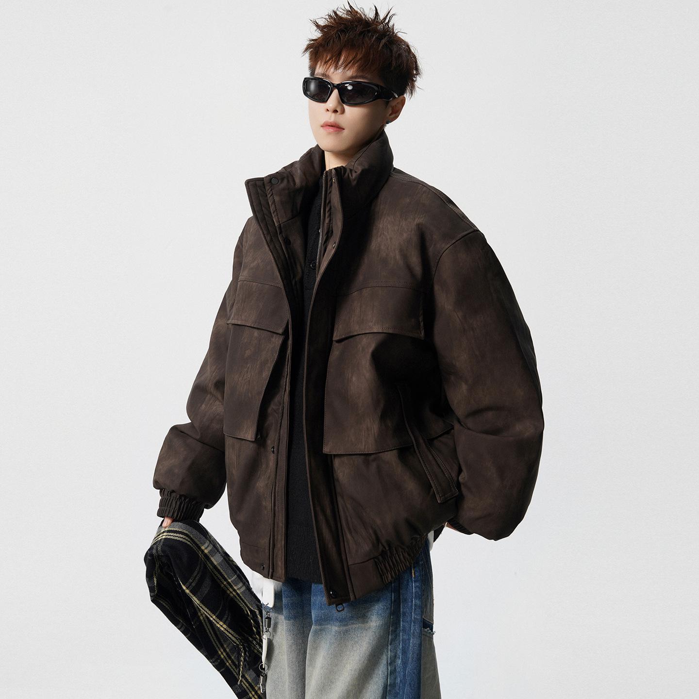 

2025 Men s Winter Leather Down Jacket with Stand Collar – Trendy Solid Color 3XL кавовий