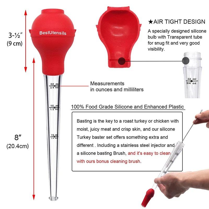 Turkey Baster Set of 4, Quality Silicone Bulb Including Meat Arinade Injector Needle with Barbecue Basting Brush