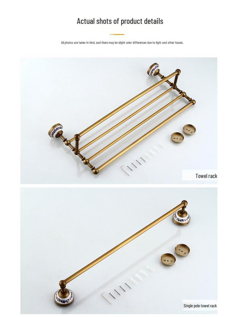 European Antique Brass Double Towel Bar & Shelf Set