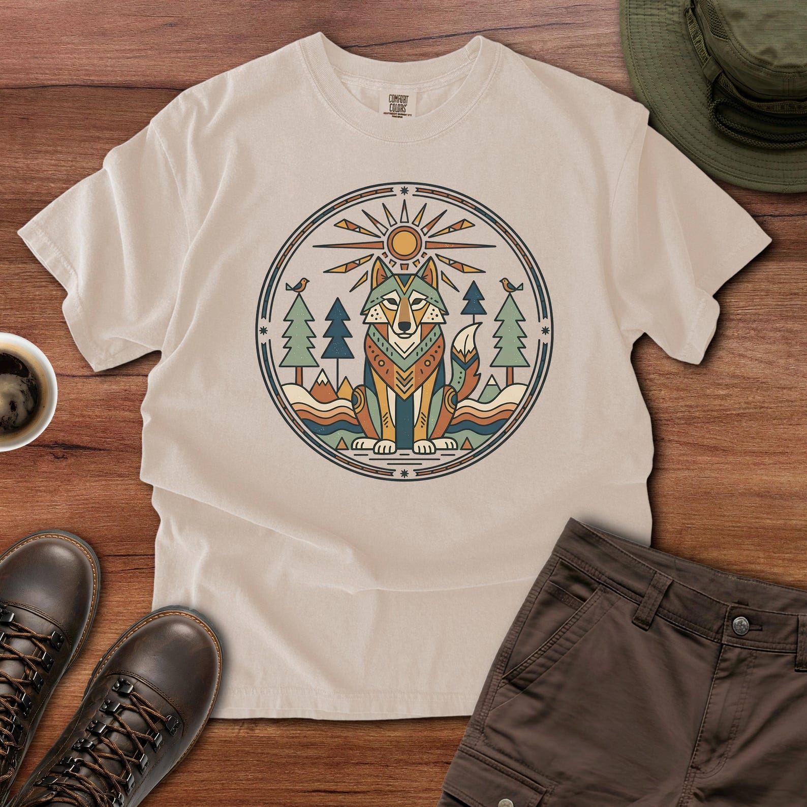 Hiking Nature Adventure Comfort Cotton 1717 Shirt, Garment-Dyed Fox Sun Wilderness Graphic Tee, Relaxed Fit Cotton Shirt XL
