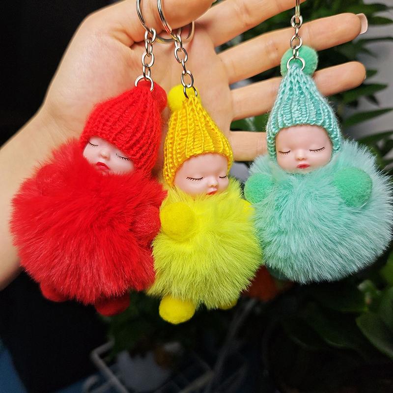 Colorful Fluffy Ball Keychains Pompom Sleeping Baby Key Ring Key Hanging Holder Accessories For Women Men  Jewelry Gift