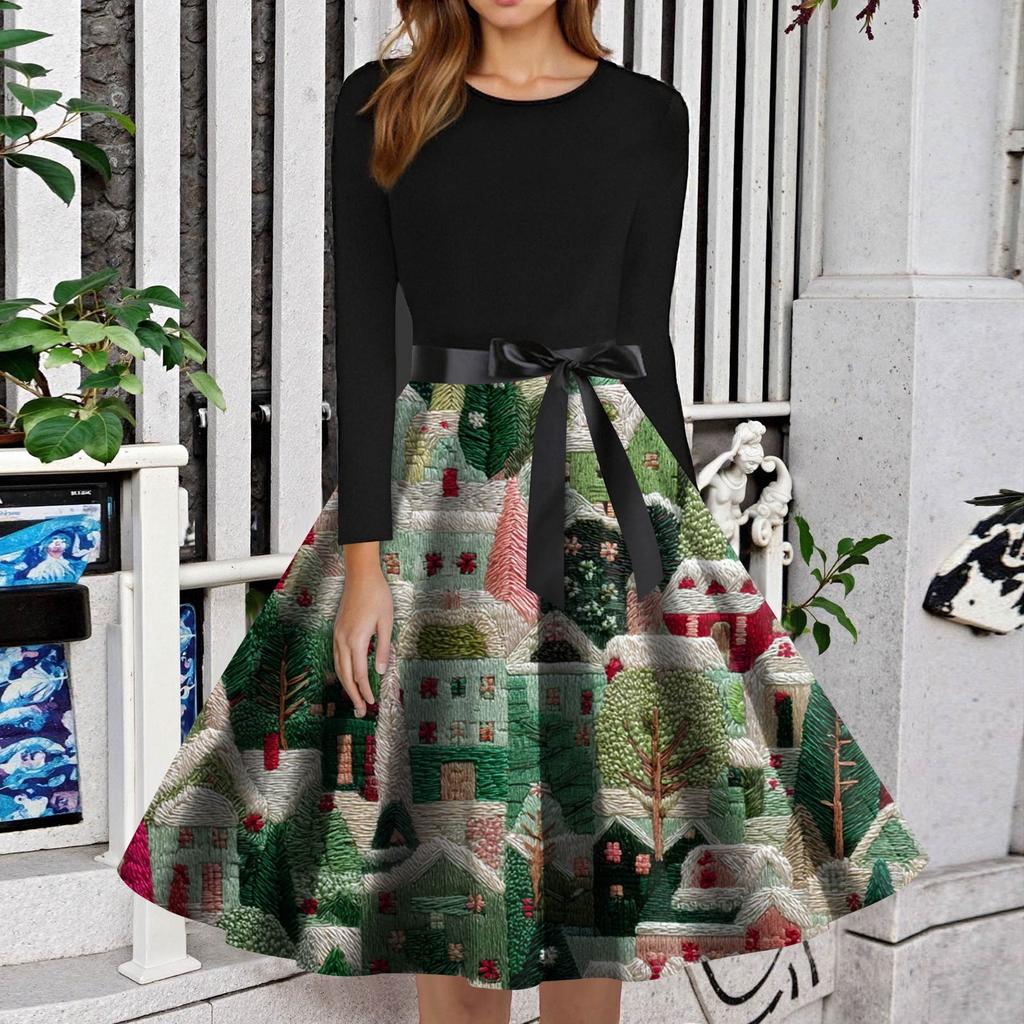 Women's Fashion Round Neck Slim-Fit Christmas Print Long-Sleeved Dress