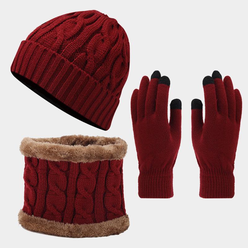 Autumn and Winter New Retro Twist Thickened Warm Hat Scarf Gloves Three-piece Hot-selling Cold-proof Set