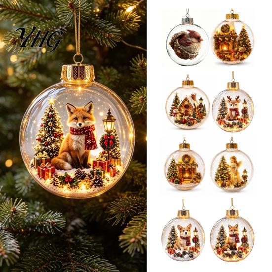 Christmas Tree Hanging Scenes Glowing Story Ornament, Mini Holiday Scene in Ball with Warm LED Garland Decorations Light, 3D Clear Acrylic Decoration