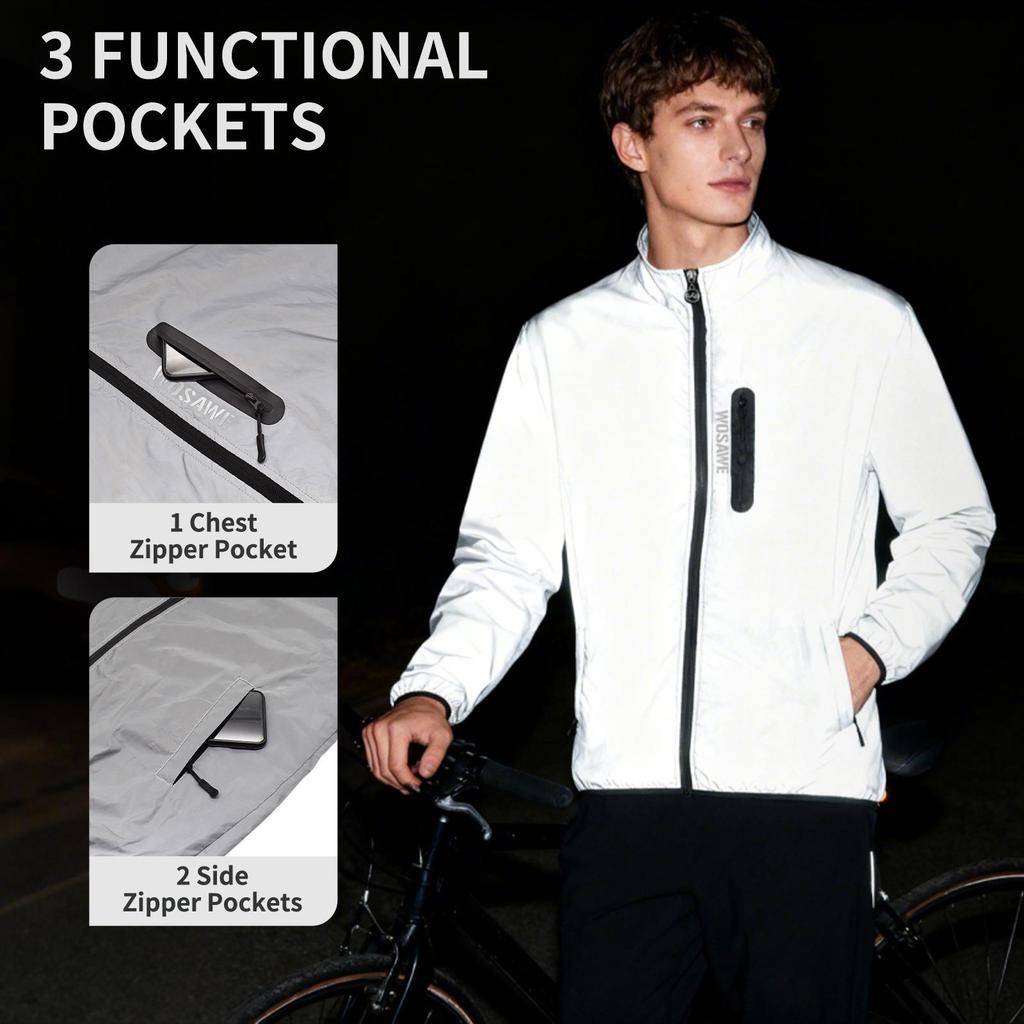 Wosawe Reflective Cycling Jacket Windproof Bike Windbreaker Night Running Breathable Outdoor Sports Coat