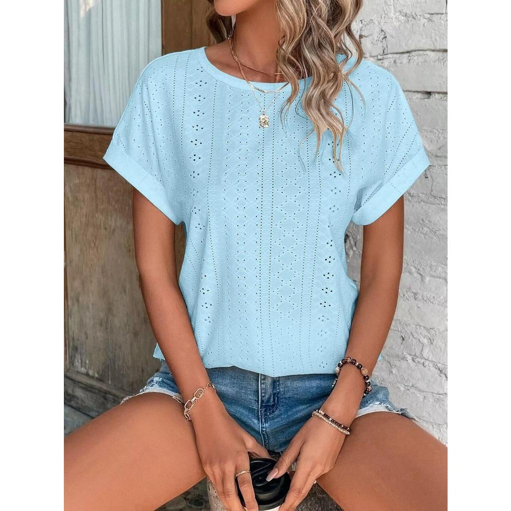 Top Eyelets Summer Spring Curved Hem, Casual Women's Short Sleeved Fashionable T-shirt Beach Vacation Short Style