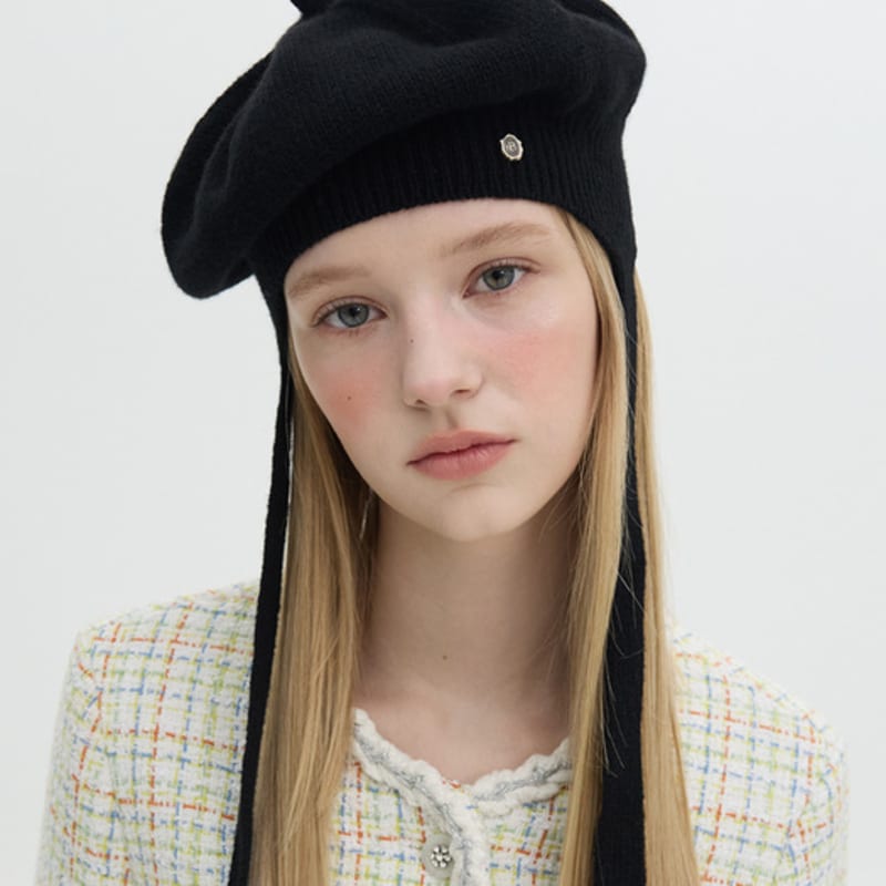 Brown Hat Tricot Ribbon Beret - Black