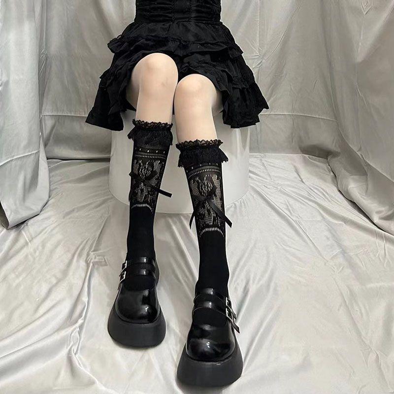 

Носки Лолиты Весна и Лето Полые Кружевные Бант Тонкие Дышащие Белые Гольфы Средней Длины Повседневные Черные Носки One Size